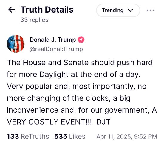 特朗普敦促美国会“大力推动”夏令时永久化  第1张