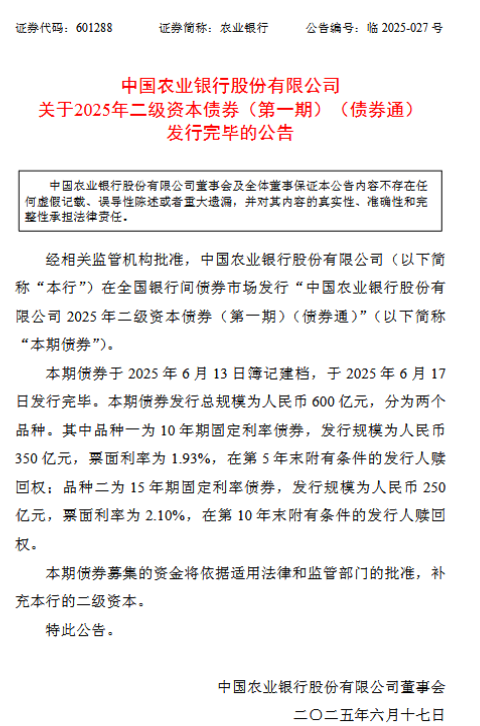 农业银行:600亿元二级资本债券发行完毕 第1张 农业银行:600亿元二级资本债券发行完毕 第1张