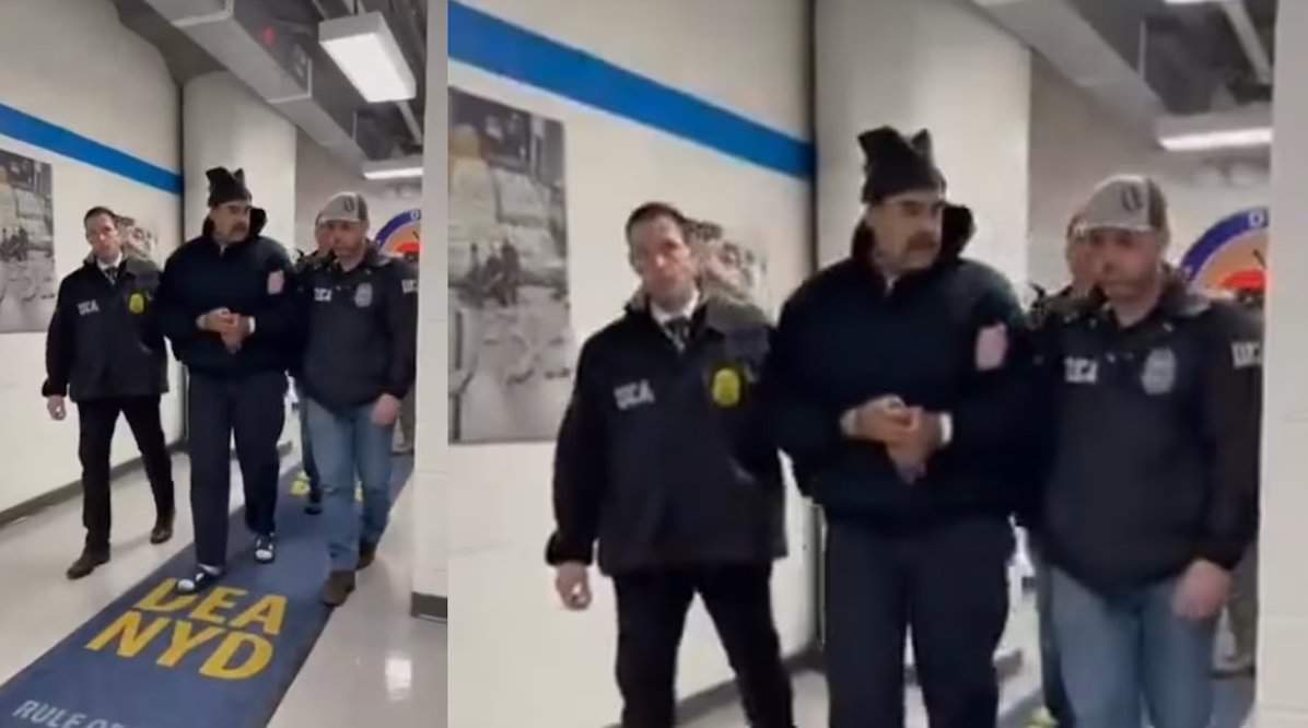 白宫发布视频：委内瑞拉总统马杜罗在美方人员控制下，向现场人员说“新年快乐”！地毯上标有美国缉毒局纽约分局(DEA NYD)的字样  第1张